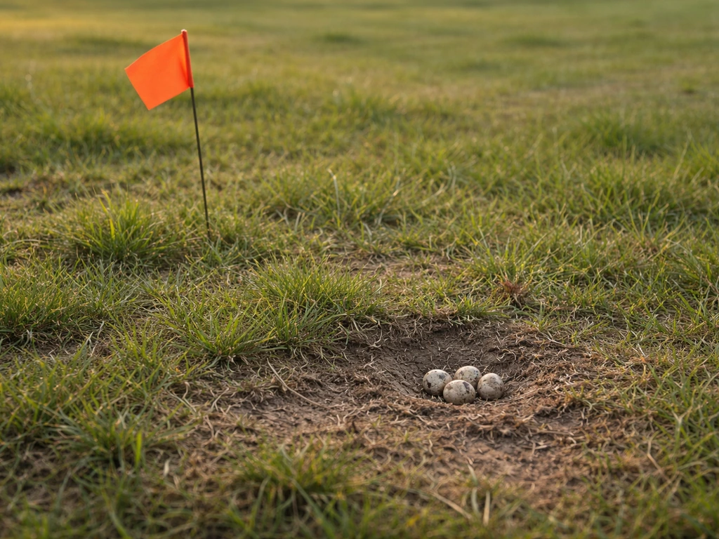 Ground nest area in grass with a small marker flag placed at a safe distance, no birds or people visible.