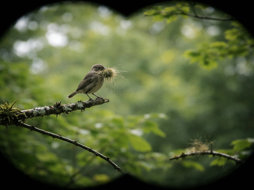 Distant bird carrying grass and moss for a nest, seen from a binocular-like viewpoint at a quiet garden branch.