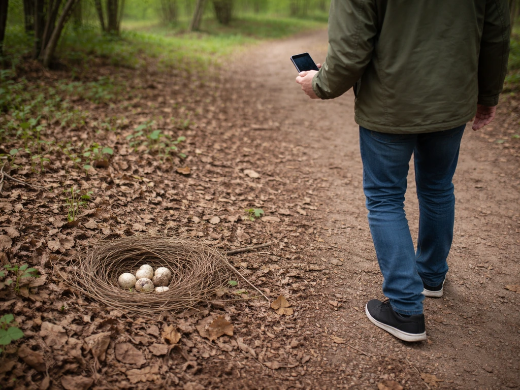 Person slowly stepping back from an active bird nest on the ground while holding a phone at a distance