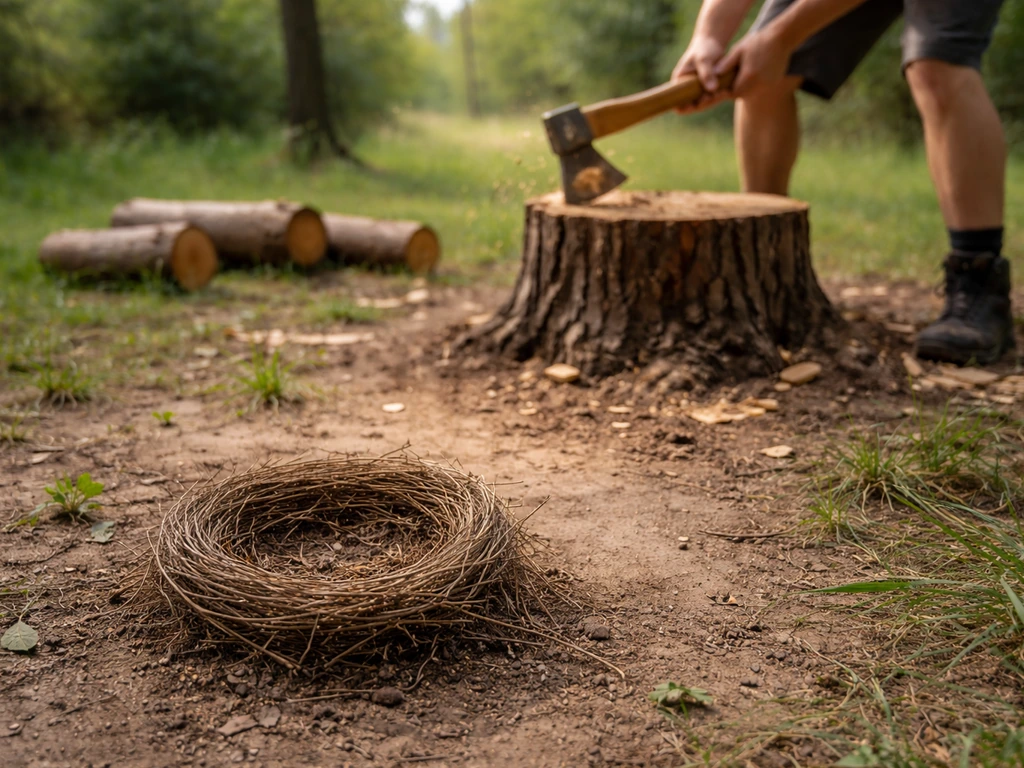 Empty bird nest on the ground beside a tree being cut with an axe in a quiet forest clearing