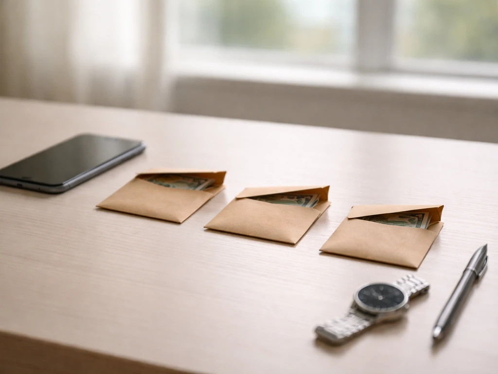 Minimal desk scene with staggered trading orders concept using a smartphone and spread-out envelopes, no text.