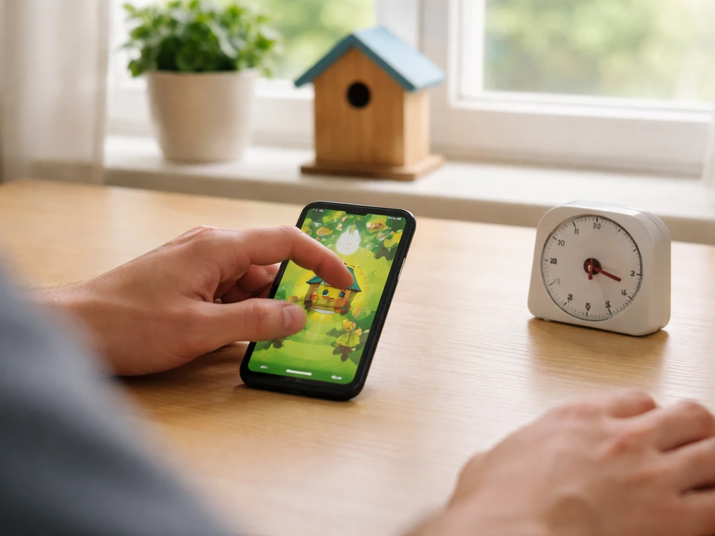 Anonymous desk scene with a phone in hand and a small timer by a birdhouse decoration, suggesting waiting and collection