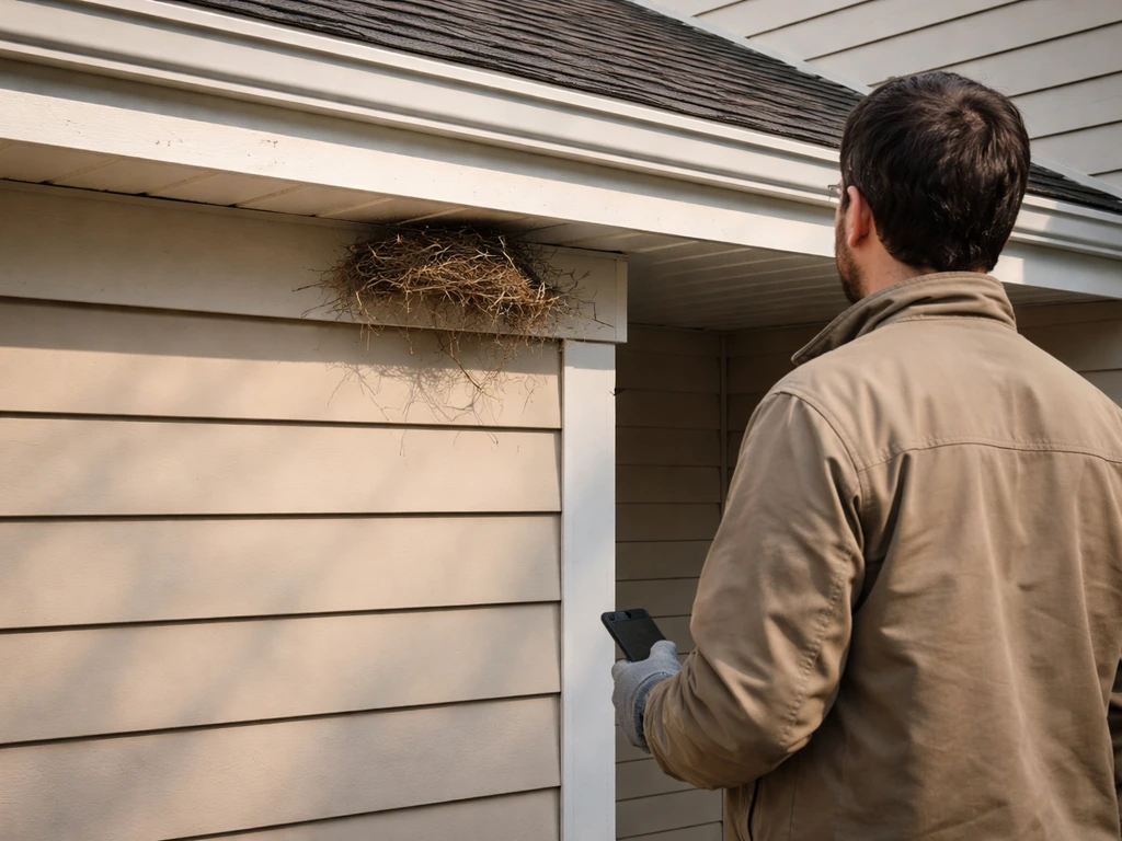 Homeowner watching a bird nest from a safe distance near a house roof ledge