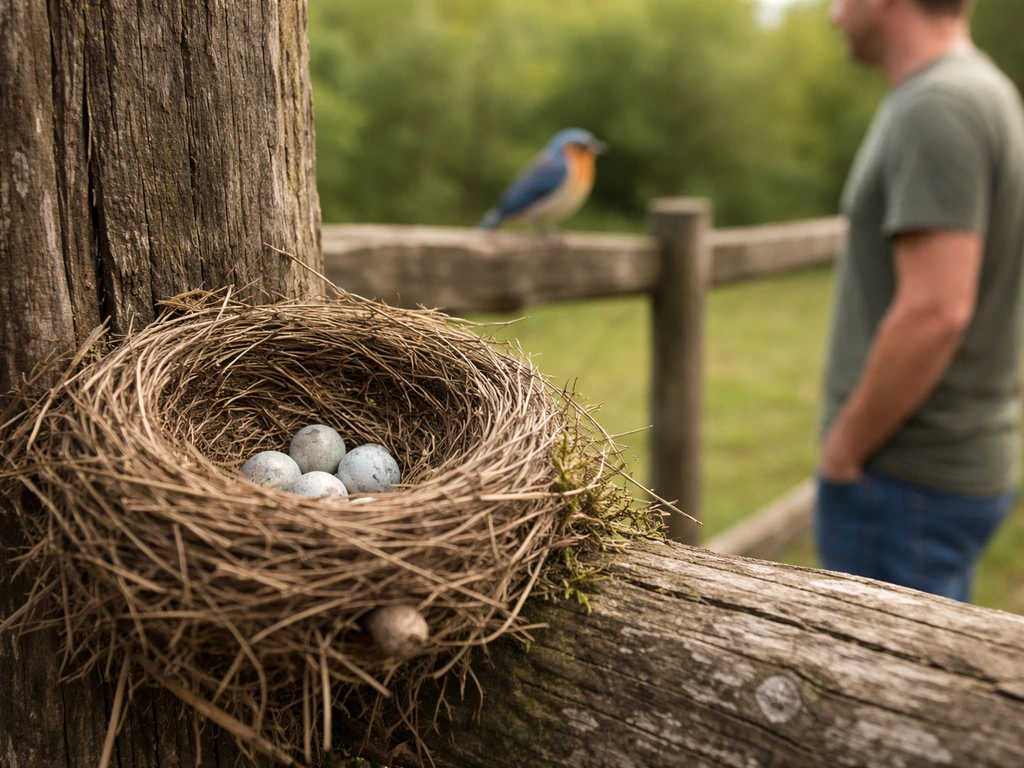 Close-up of a bird nest with visible eggs, with an adult bird nearby and a distant observer.