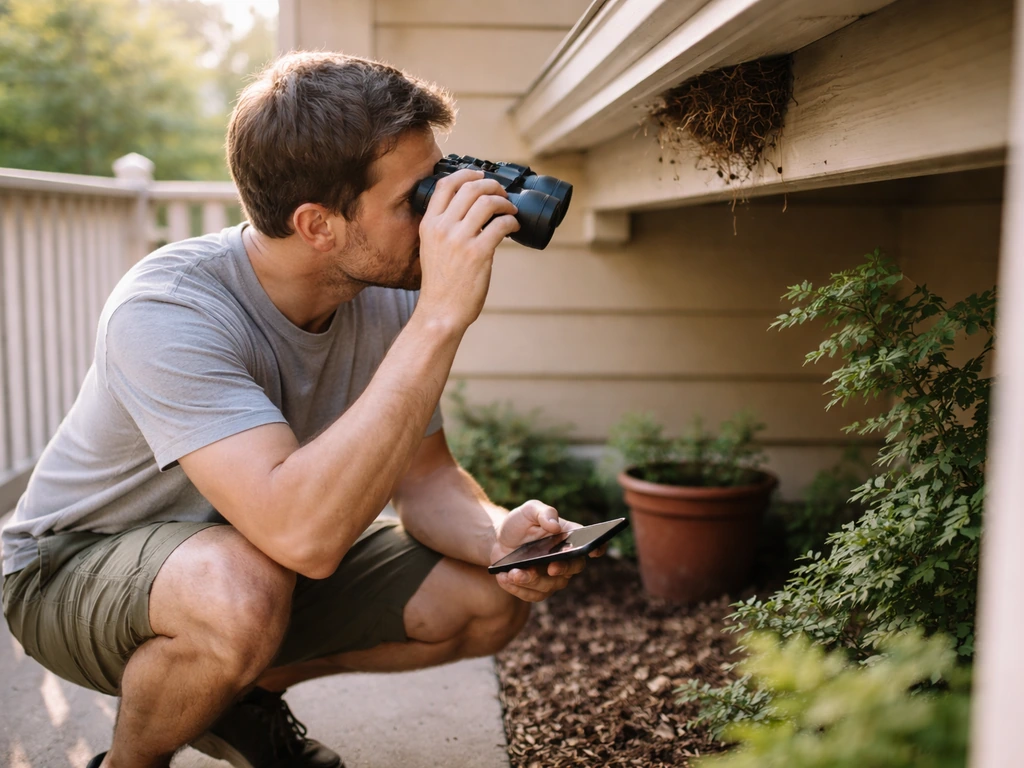 Homeowner kneeling with binoculars and a phone, carefully monitoring a bird nest under a porch eave.