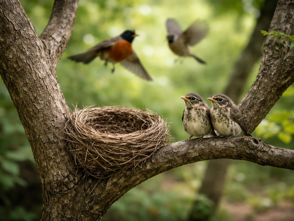 Empty bird nest on a branch with fledglings nearby, adults hovering in a calm natural setting.
