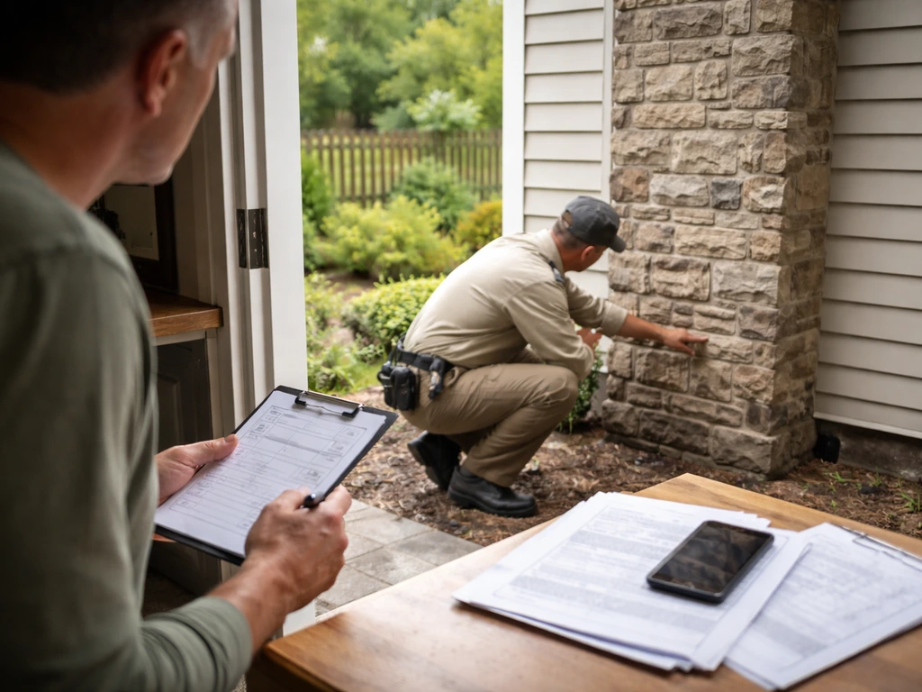 Homeowner’s notes and a contractor reviewing authorization documents during an on-site chimney inspection.