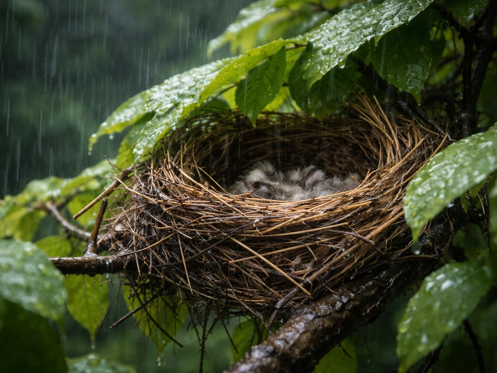 Rain pours over a leafy-branch bird nest, showing damp protection without the nest being destroyed.