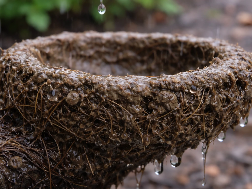 Wet porous mud-and-grass cup nest with rain beads and soaked fibers after a downpour.