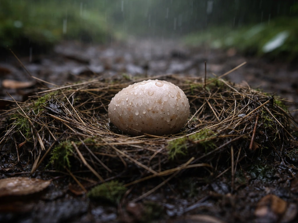 Wet glossy bird egg in a rainy nest, condensation droplets on the shell, minimal forest-floor setting.