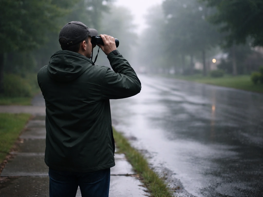 Adult observing from a safe distance with binoculars in rainy weather.