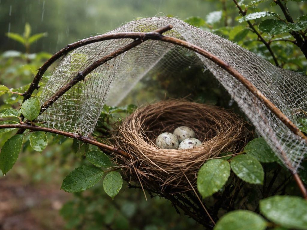 A small bird nest partly covered by a makeshift enclosure, with raindrop-damp leaves nearby.