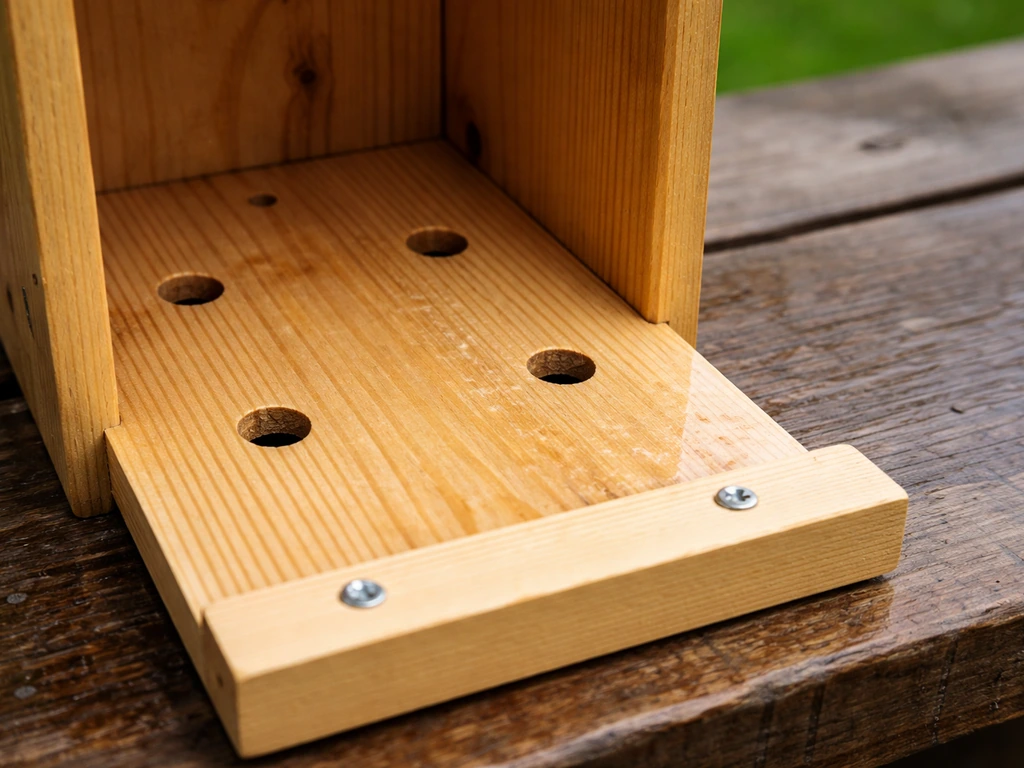 Close-up of a wooden nest box floor with four drainage holes and no pooling water