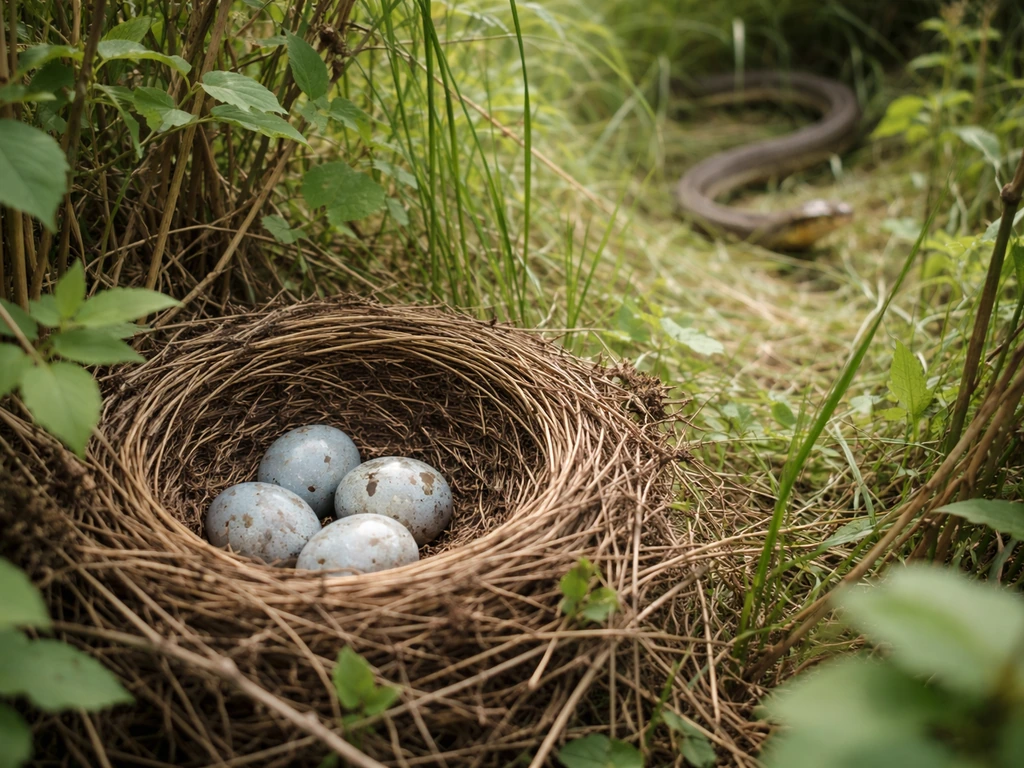 Bird nest in outdoor grass with a snake visible in the background at a distance.