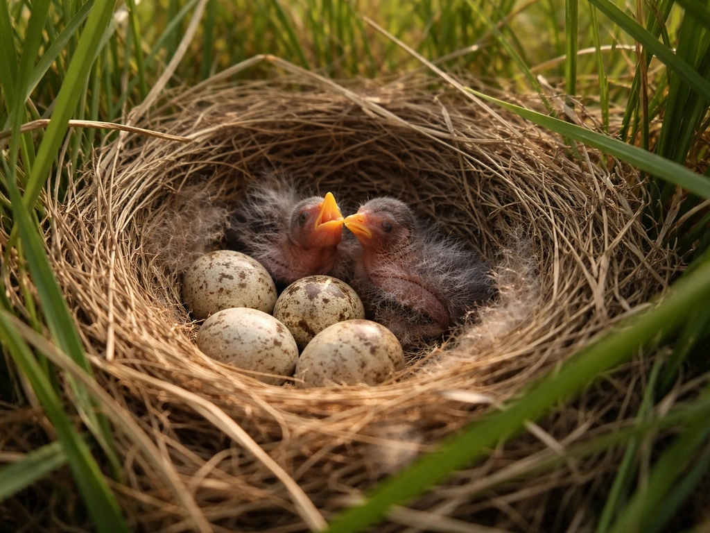 Close-up of a grassland bird nest with speckled eggs and small nestlings in surrounding grass.