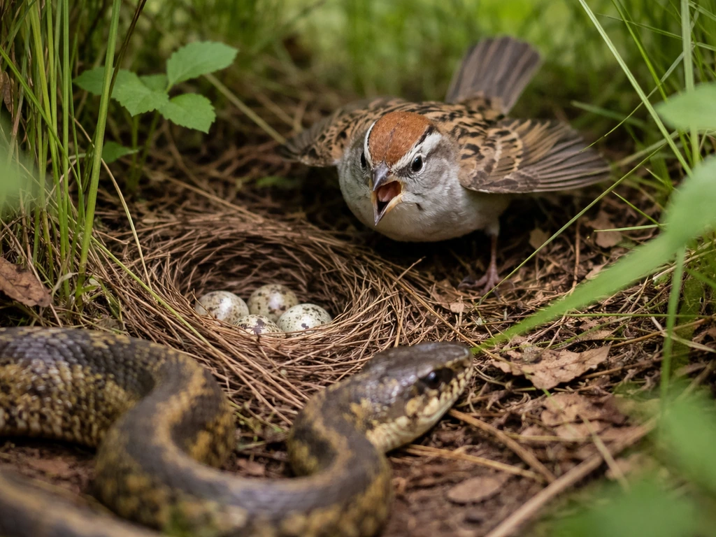 A small bird in a warning dive posture near its nest while a snake is nearby on the ground.