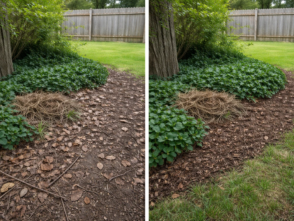 Split before-and-after view of a tidy, debris-free yard ground cover area with preserved bird habitat.