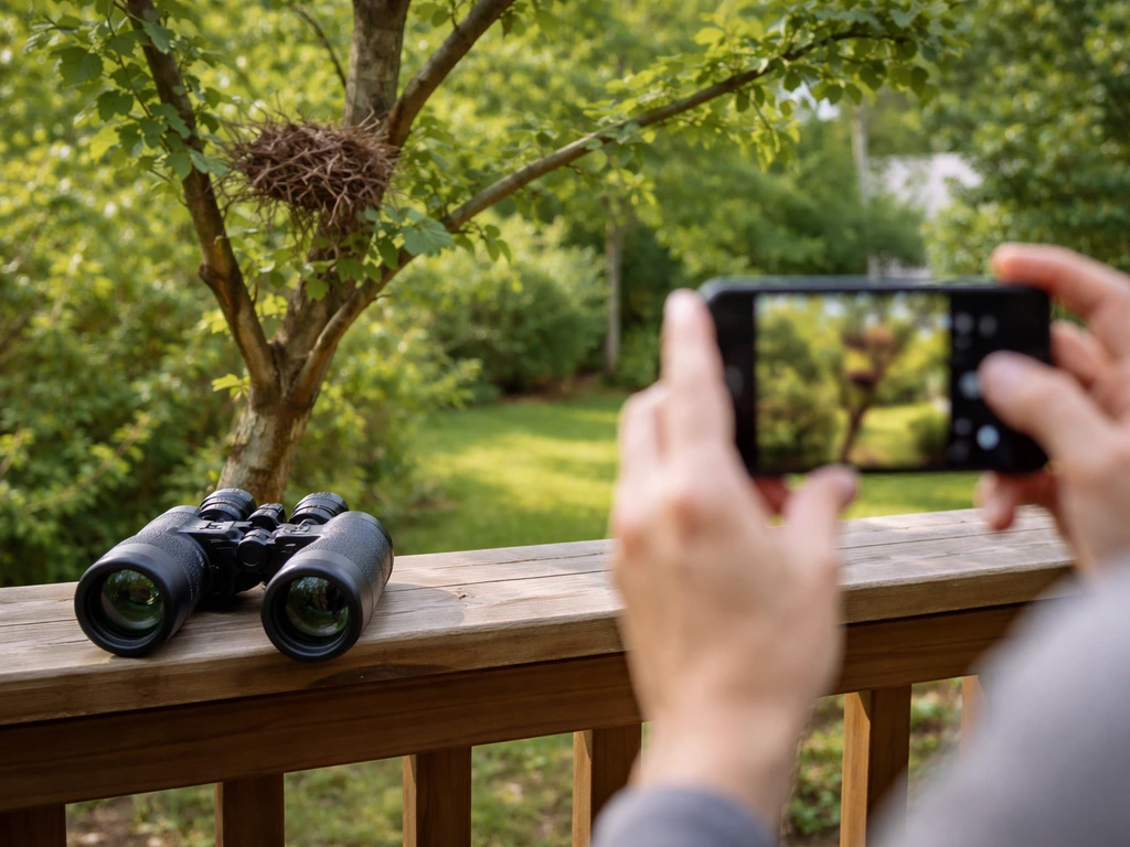 Person using binoculars from a distance to observe a bird nest in a quiet yard