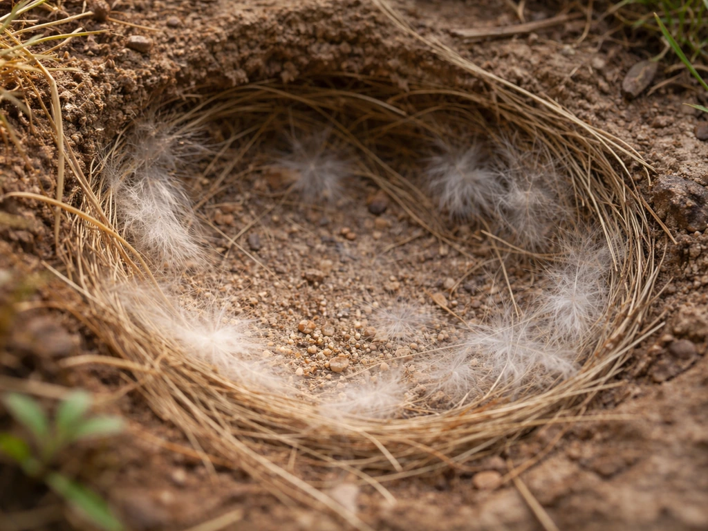 Close-up of a small bird nest lining with grass fibers, soft feathers, and a thin mud-grit base on bare ground.