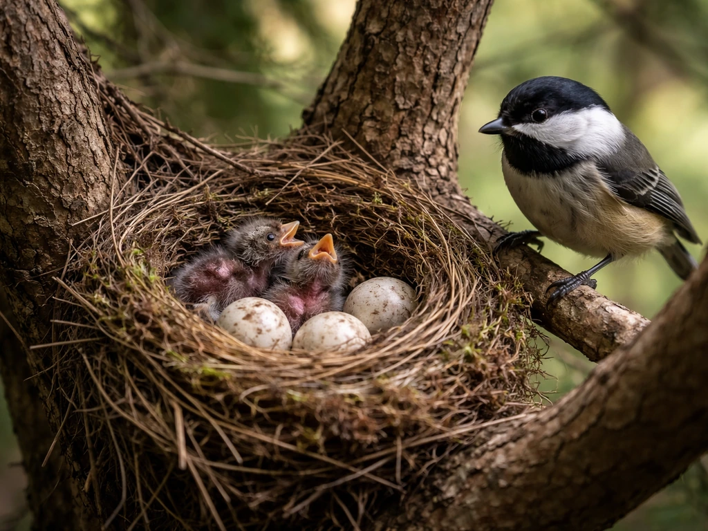 Small bird nest in use with eggs and downy chicks, adult bird perched nearby