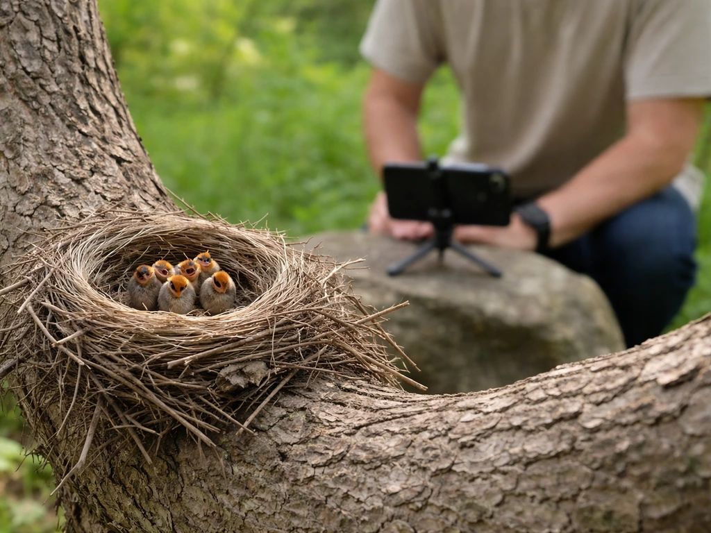Close-up view of a bird nest in a tree branch with a person keeping distance while photographing from afar.
