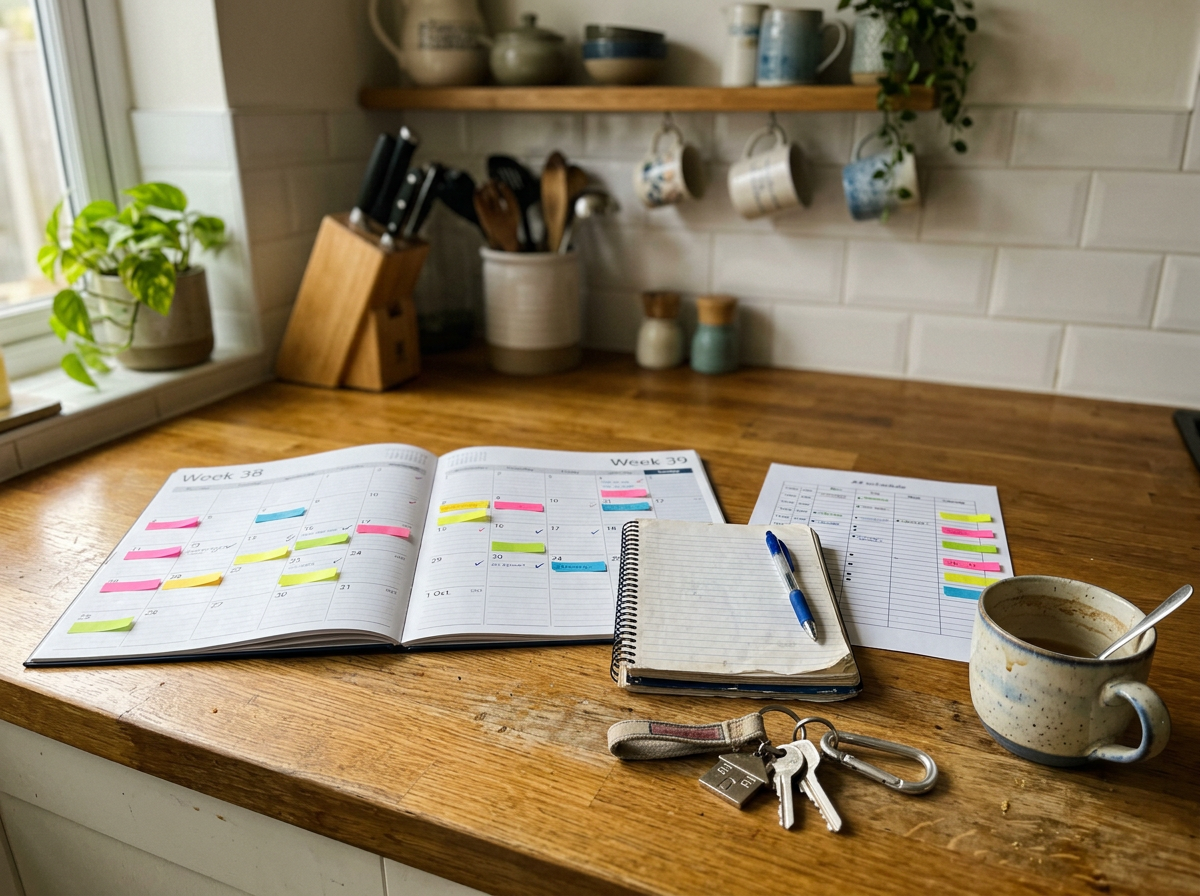 Week-on/week-off handoff with a calendar and keys on a kitchen counter