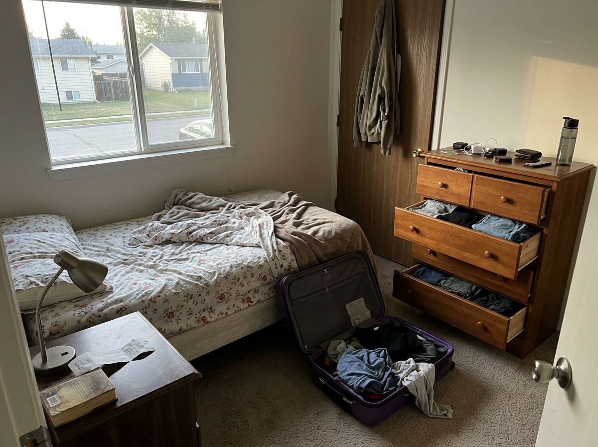 Two small living spaces for the off-week: suitcase in a rental-style room and a suitcase by a bed
