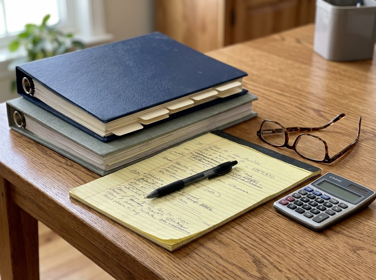 Written agreement details: two binders labeled only with blank tabs and a pen over a blank checklist