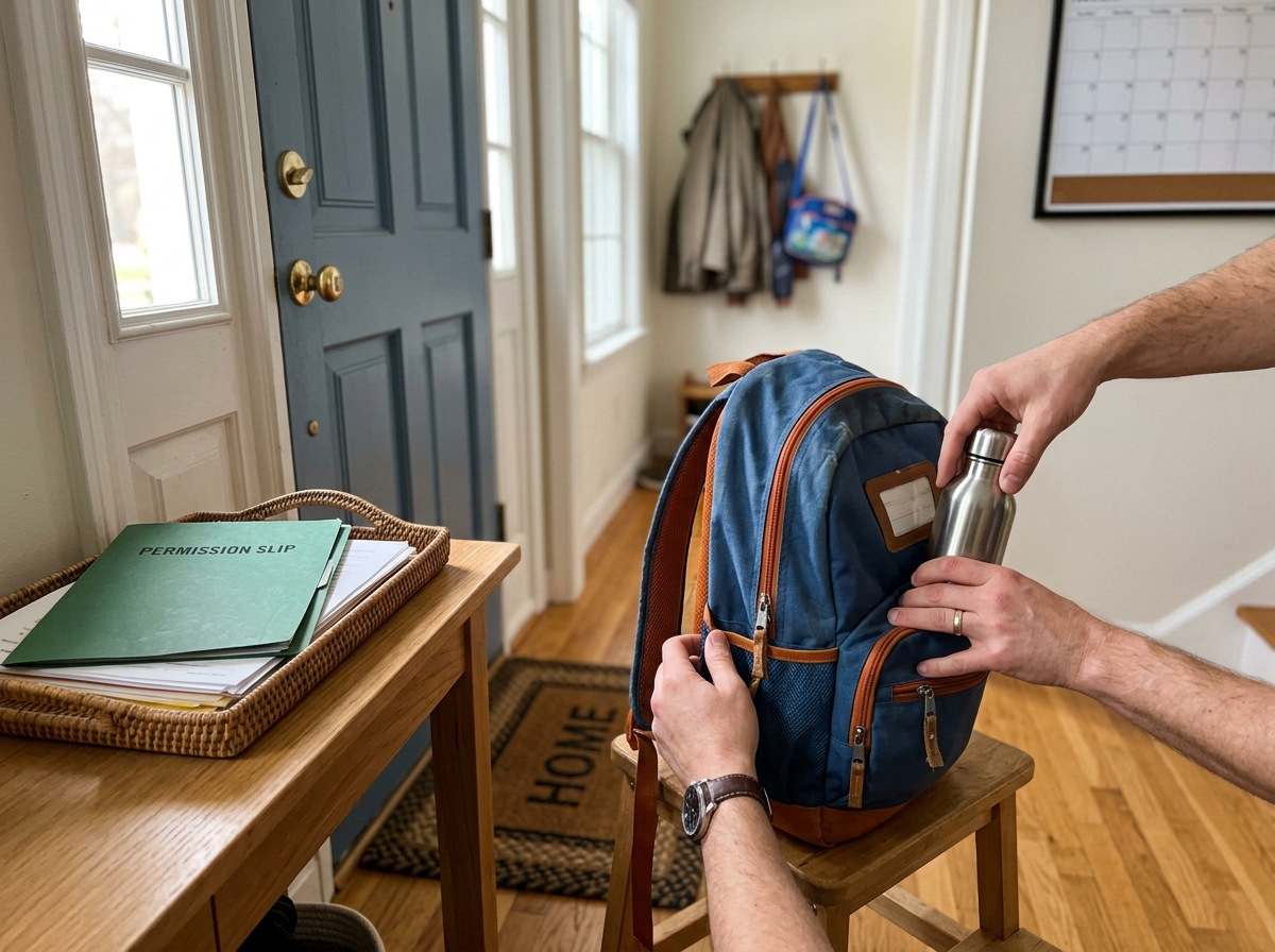 Children’s emotional safety check: school backpack and a parent handoff calm moment at a doorway (no faces)