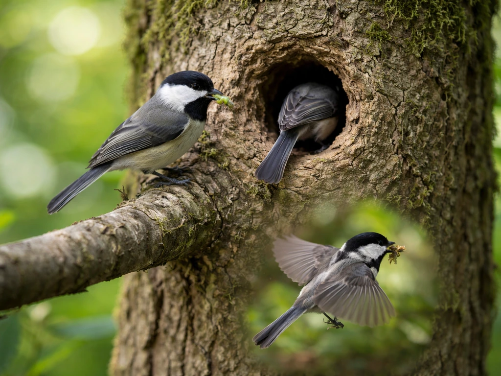 A bird delivers insects to its nest while another return cue is shown near the nest entrance.