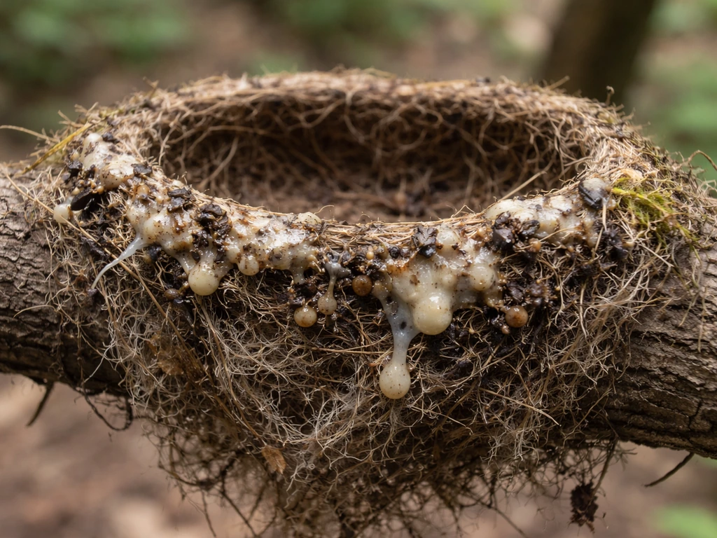 Close-up of fresh droppings and nest debris gathered under a bird nest rim.