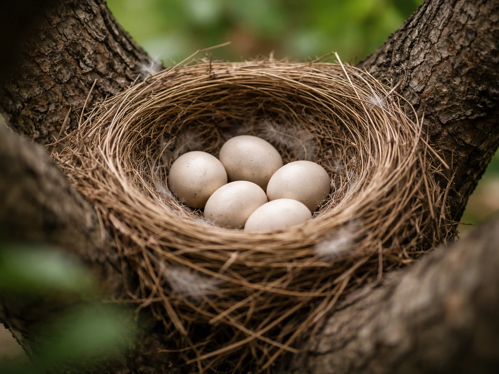 Open bird nest in a tree branch with several pale eggs visible, viewed from a safe distance.