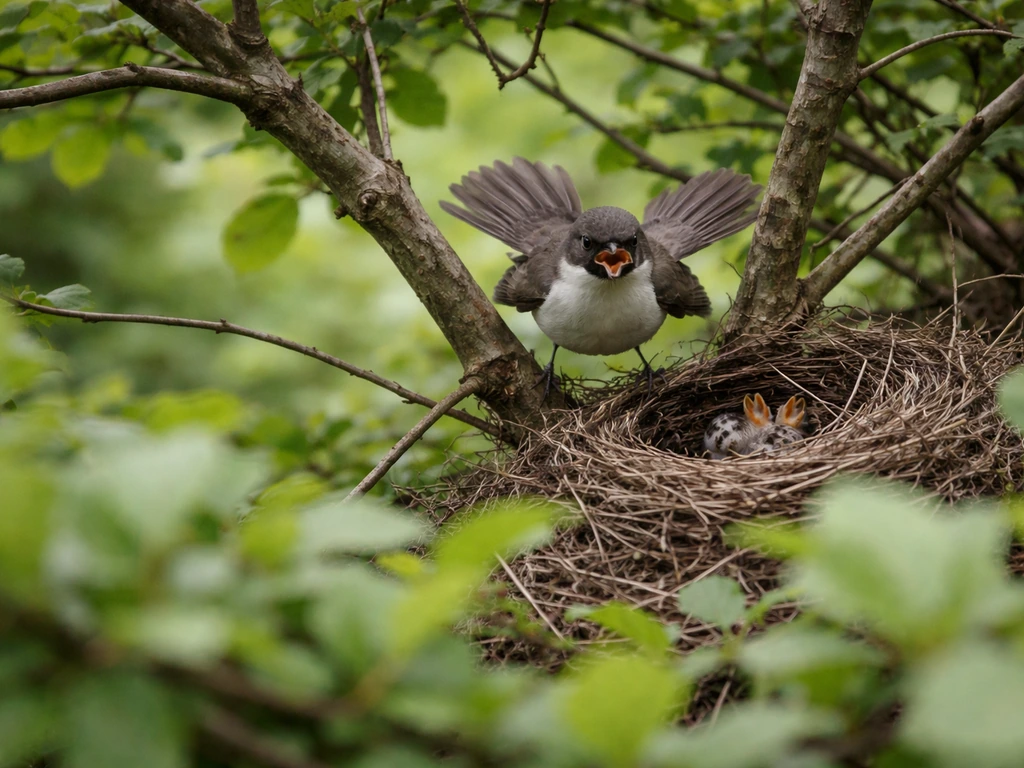 Small bird in defensive posture near a nest, shot from behind a foreground branch for safe distance.