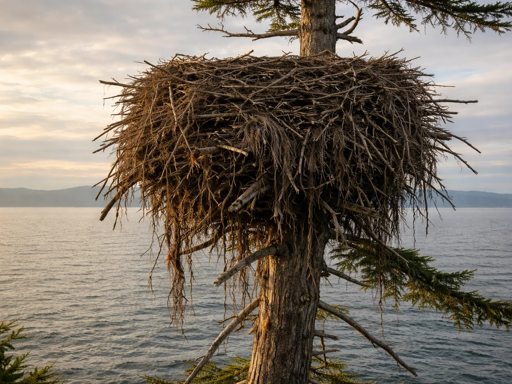Enormous bald eagle nest towering in a tall tree above open water, dramatic scale and detail