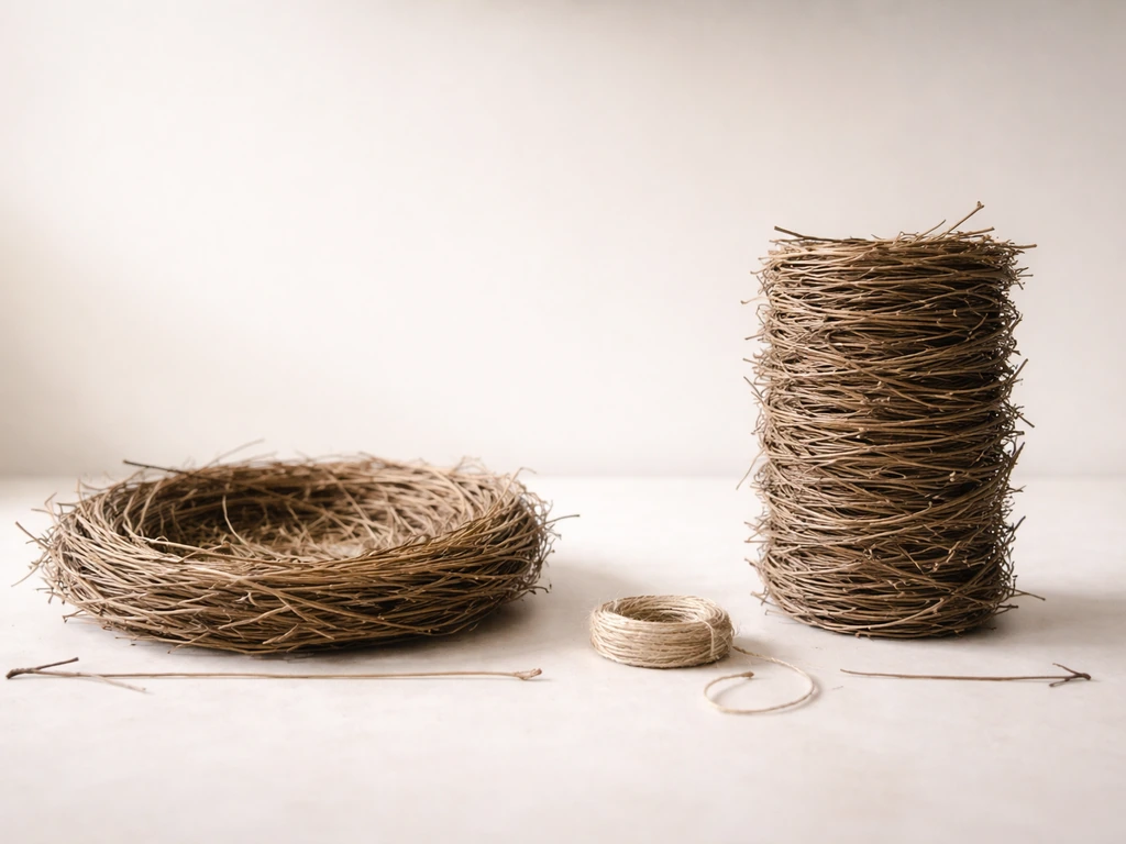Side-by-side twig nest forms on a table showing footprint width vs vertical depth/height.