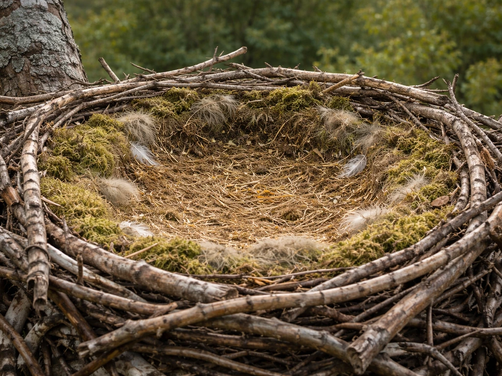 Close-up of a large bird nest showing woven sticks, moss/grasses lining, and a shallow interior bowl.