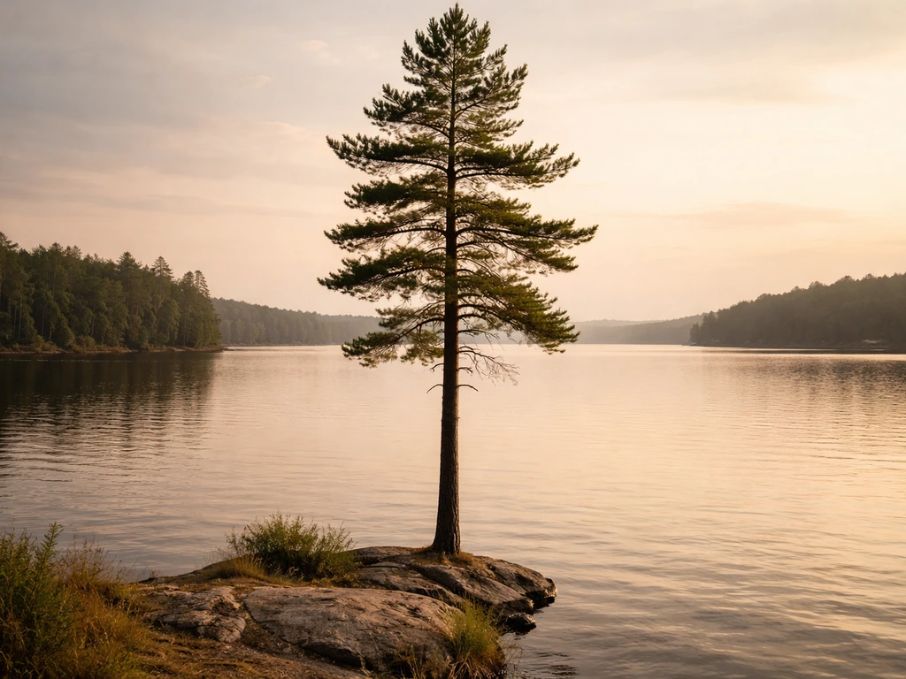 Tall conifer on a shoreline beside calm open water, clear flight path over the lake or river