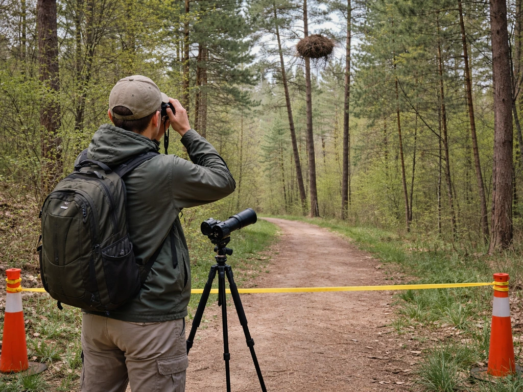Adult uses binoculars from behind a buffer line to observe a large nest far away without approaching.