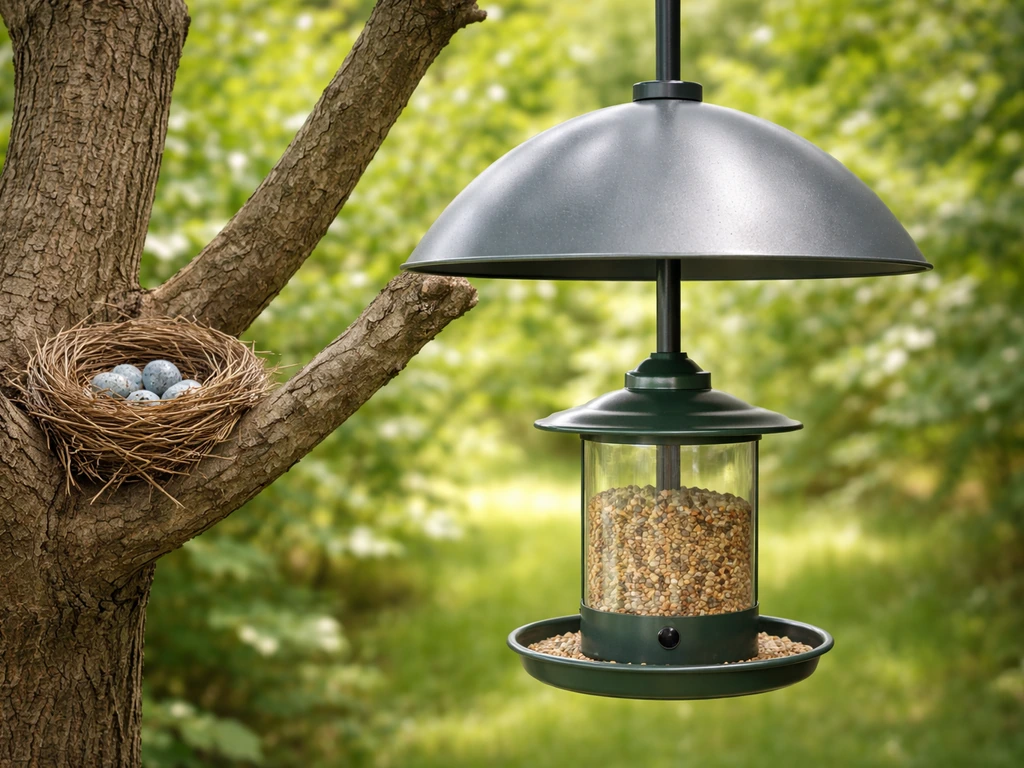 Backyard bird feeder with a visible snake-exclusion baffle on a pole and a nearby bird nest