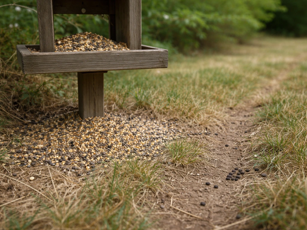 Close-up of spilled birdseed under a feeder with subtle rodent activity cues in dry grass.