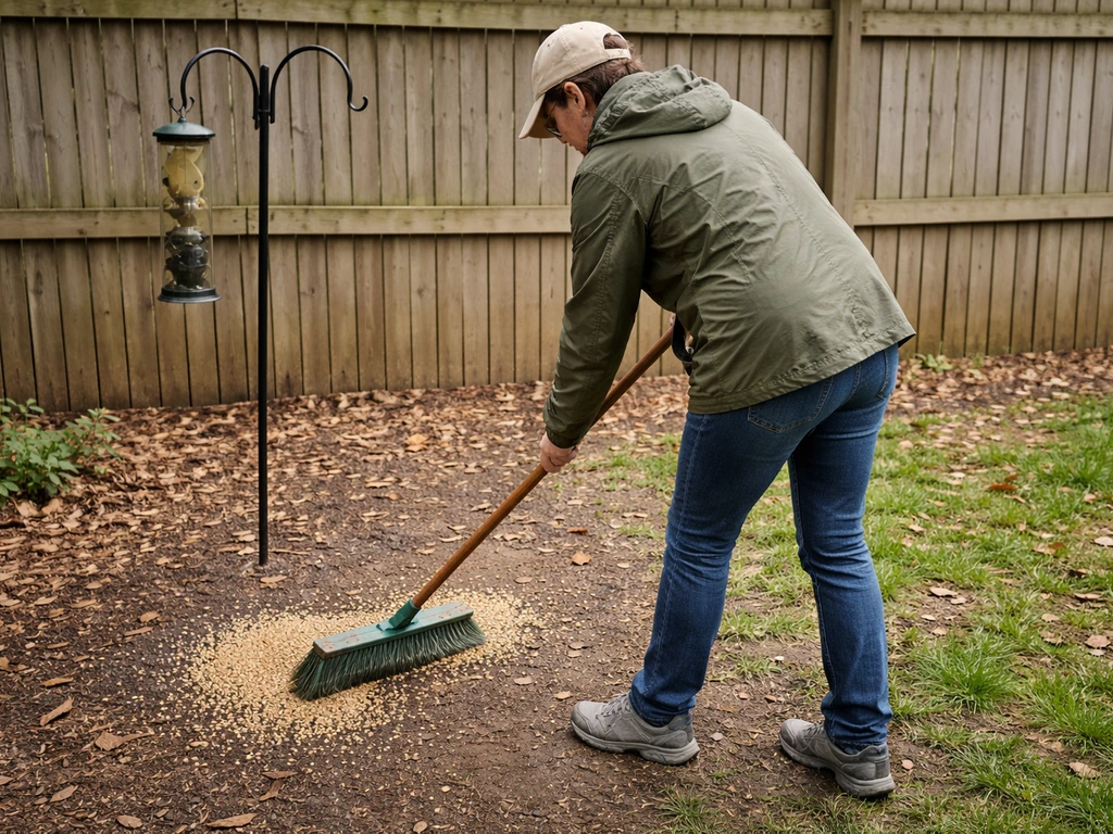 Person sweeping spilled birdseed away under a backyard bird feeder to reduce snake risk.