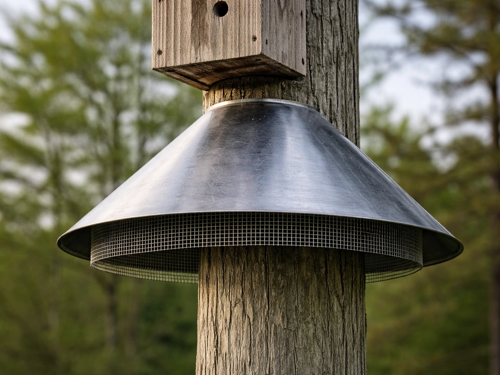 Close-up of a nest box on a pole with a cone snake guard and fine mesh beneath it.
