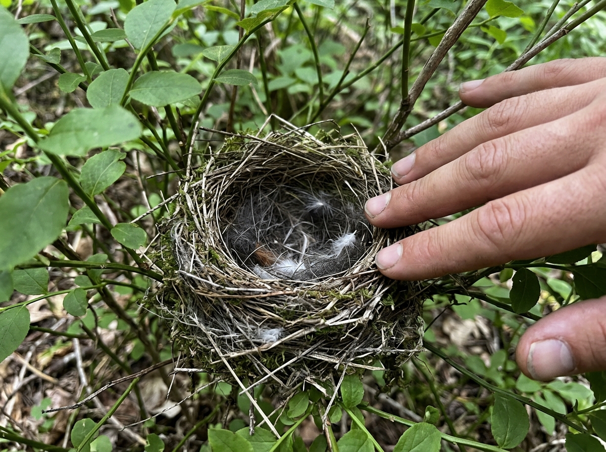 Close-up of a woven bird nest with an approaching hand, highlighting its structure