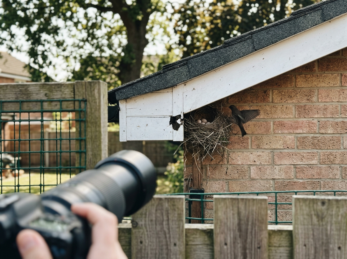 Viewing signs of an active nest on a garage eave from a safe distance