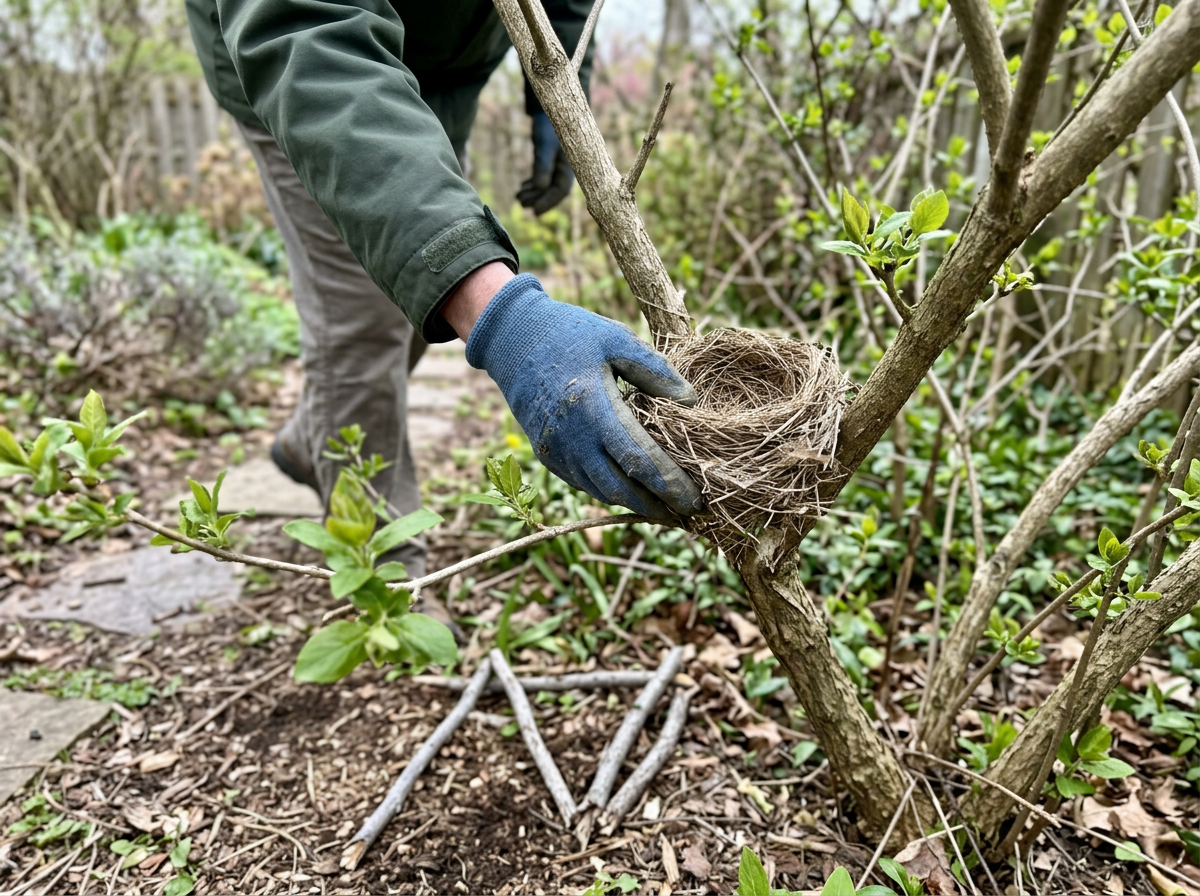 Gloved hands carefully relocating an intact nest back to its closest original spot