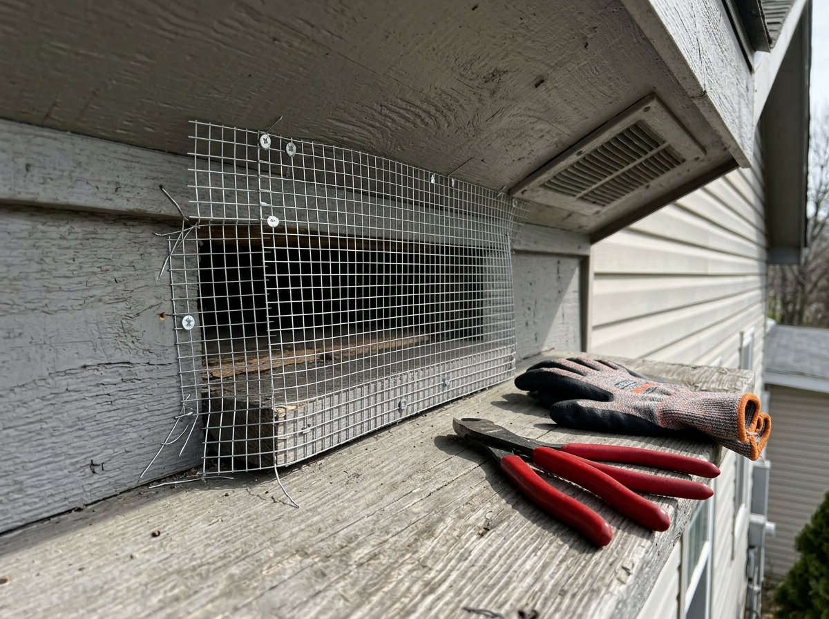 Hardware cloth exclusion barrier installed around a vent to prevent future nesting