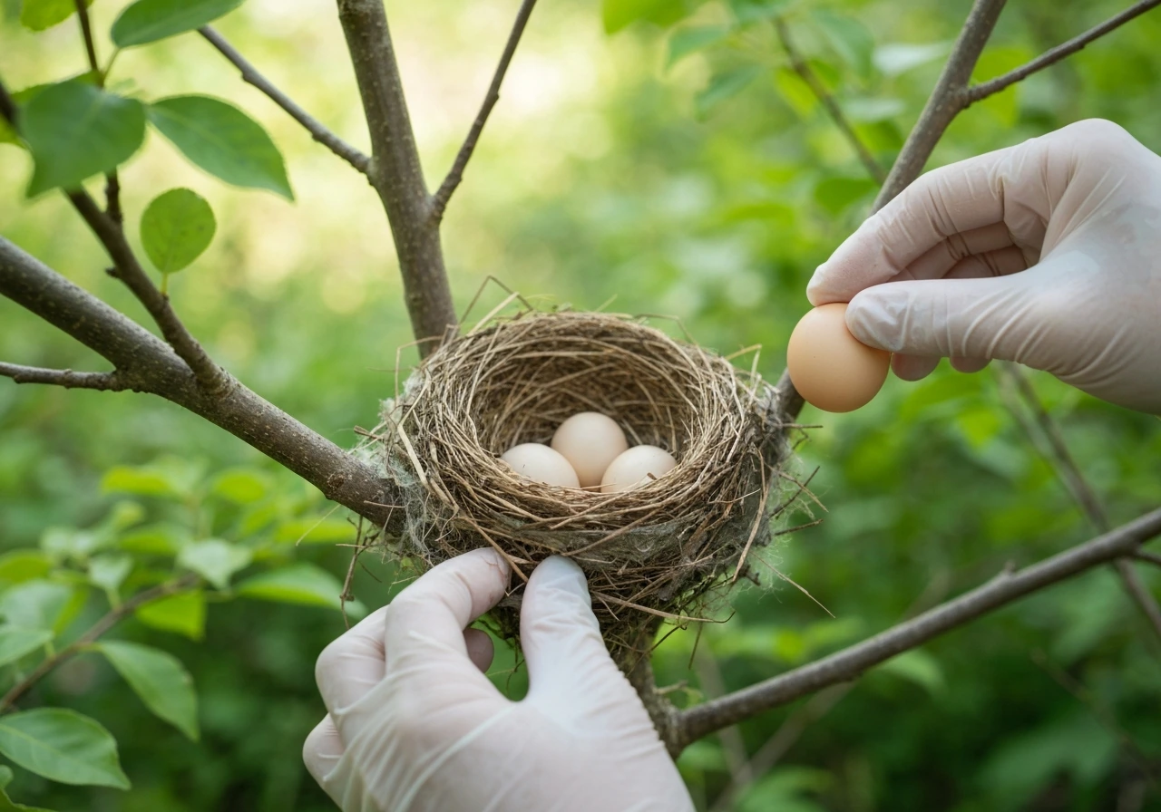 A nest with eggs as a gloved hand carefully places one egg back safely.