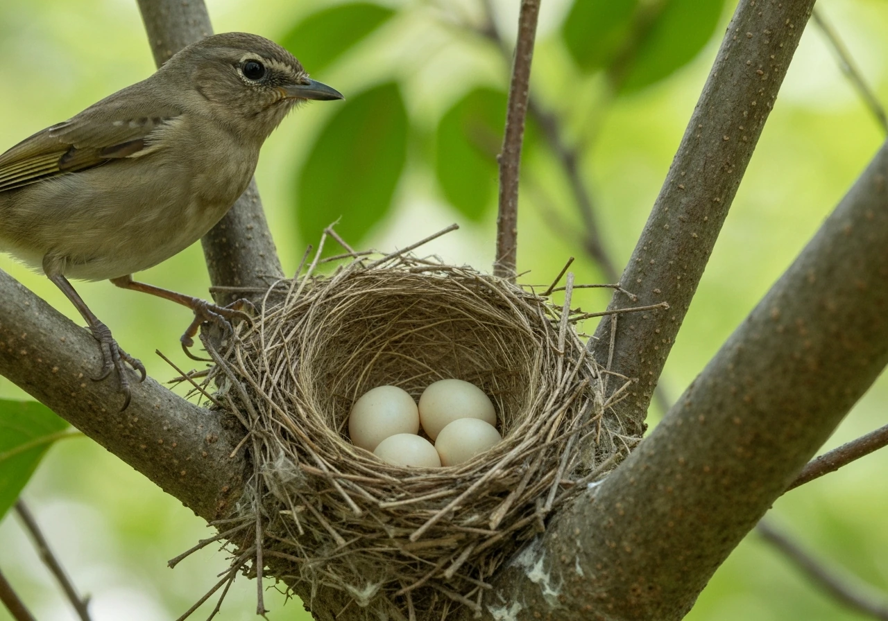 Close-up of a bird nest with eggs on a branch, with adult bird nearby in natural surroundings.
