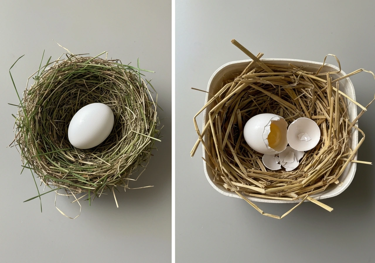 Side-by-side: intact nest with uncracked egg vs cracked/crushed egg in a straw-lined container.