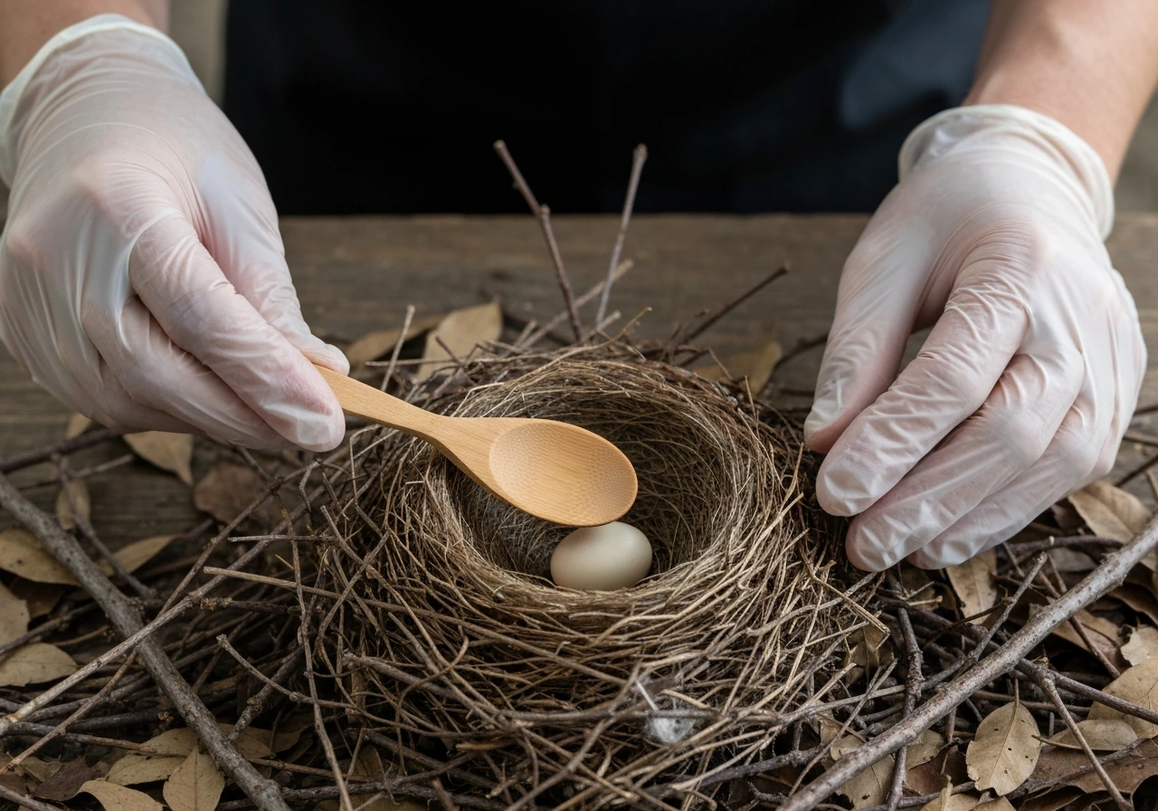 Gloved hands use a small spoon to place an egg back into an intact bird nest.